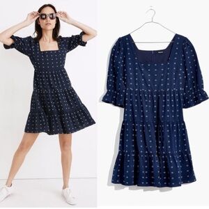 Madewell Square Neck Baby Doll Navy Embroidered Dress